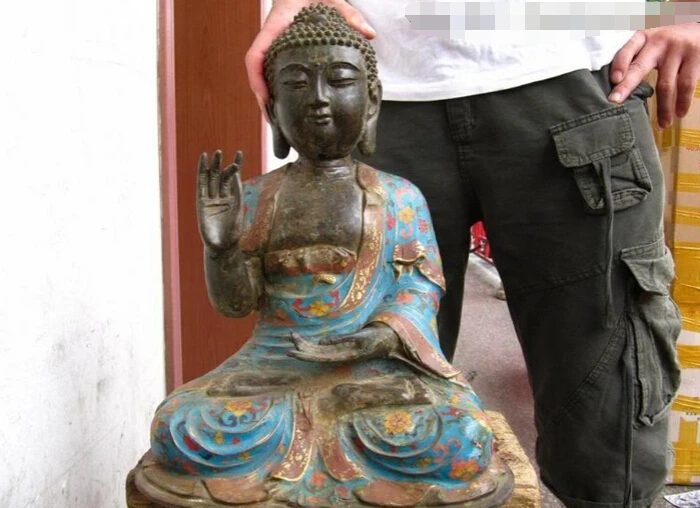 

Collectible bronze S2308 17"Tibet Folk Fane Vintage Bronze handwork cloisonne Tathagata Buddha Statue (B0328)