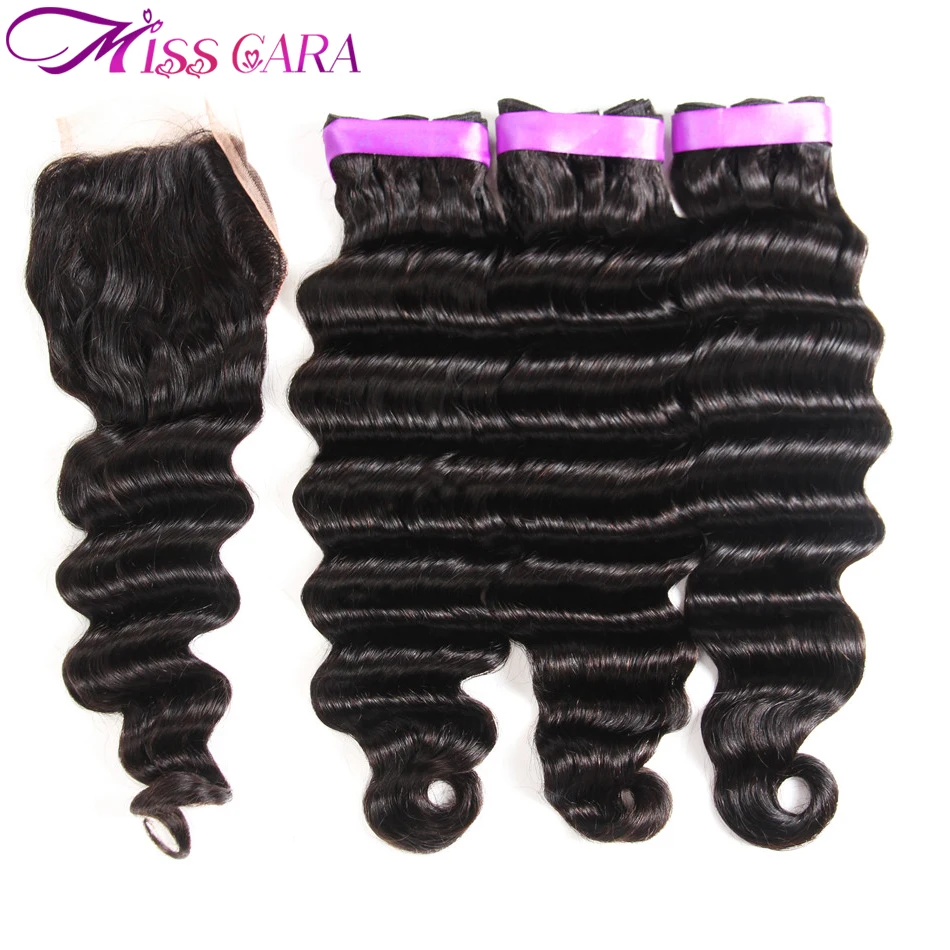 Перуанские натуральные волнистые волосы 3/4 пучки с закрытием натуральные волосы 100% пучки с закрытием Miss Cara Remy волосы ткачество
