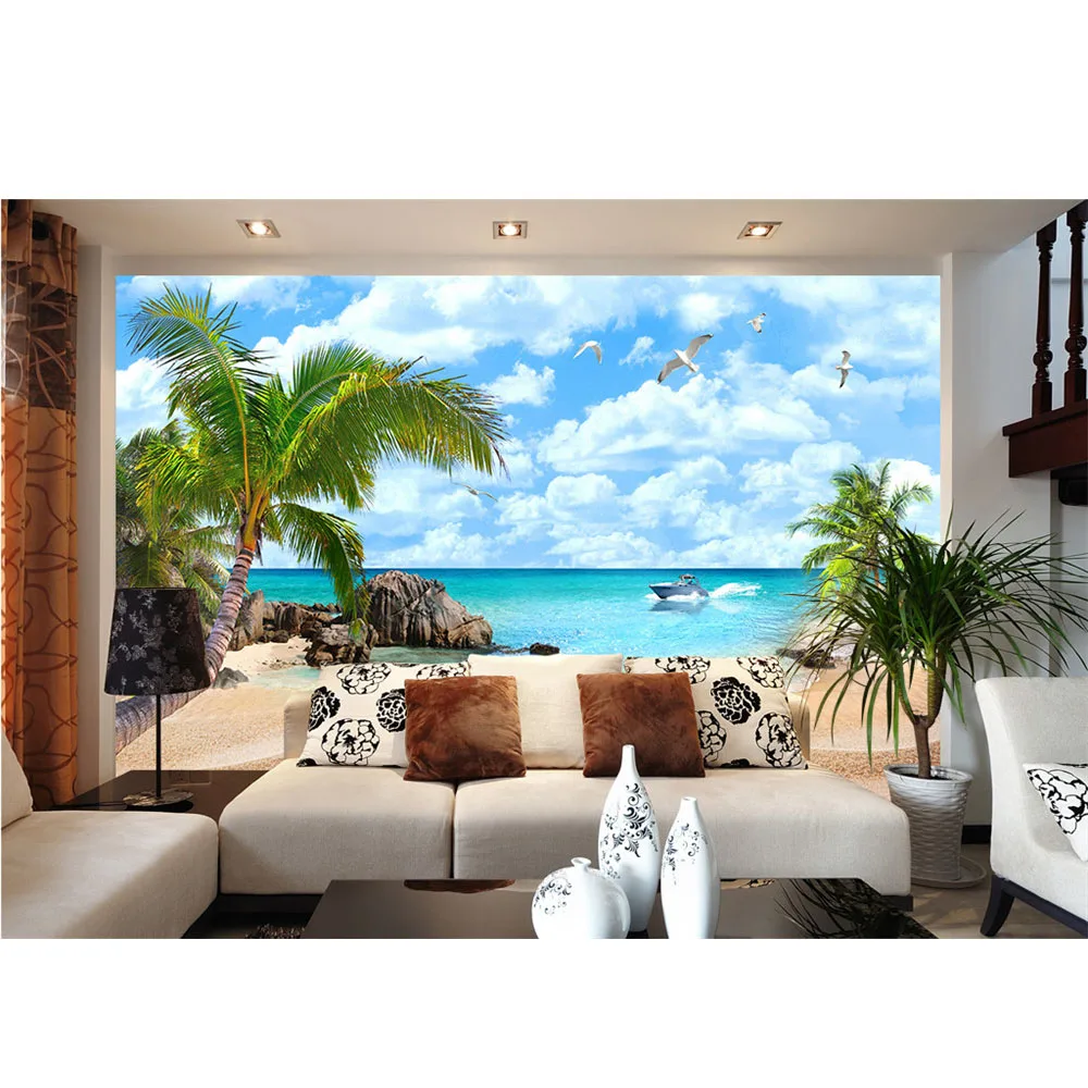 

3D Photo Murals Wallpaper For Walls DIY Art Seaside landscape with seabird palm trees Waterproof Wall Papers Living Room 284