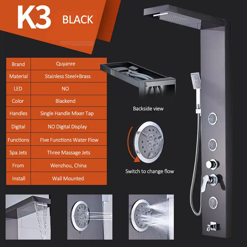 Black Shower Panel Tower Rain Waterfall Massage Body System Jet Tub Spout Tap