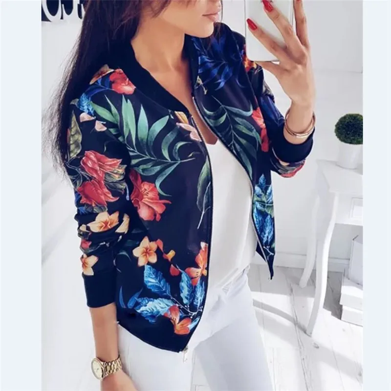 

Basic Jackets Fashion Ladies Retro Floral Zipper Up Bomber Jacket Casual Coat Autumn Outwear Women Clothes new Women Coat