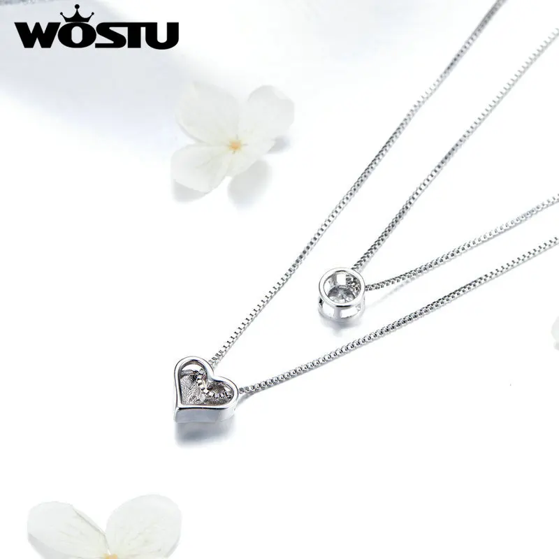 WOSTU, ожерелье в форме сердца и круга, Круглый Кулон, Радужный циркон, Корейская двойная Длинная цепочка для женщин, свадебные ювелирные изделия ZBFN087