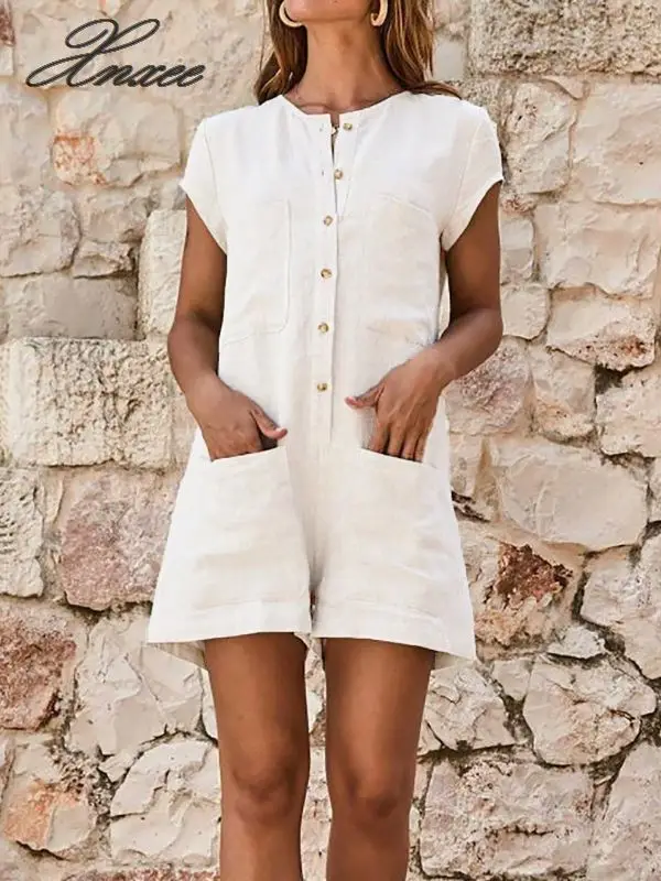 Women Solid Jumpsuits Buttons Front Round Neck Short Sleeve Casual Playsuits Lady Summer Pocket Loose Romper Women Solid Jumpsuits Buttons Front Round Neck Short Sleeve Casual Playsuits Lady Summer Pocket Loose Romper