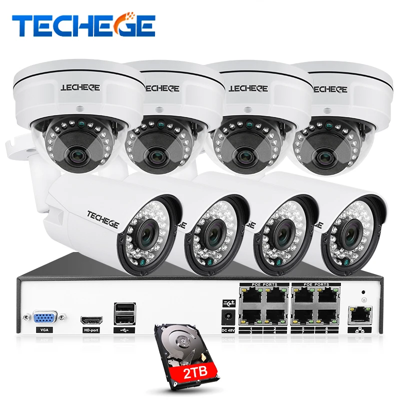 Techege H.265 8CH CCTV Системы 4MP POE NVR 4.0MP ip камера купольная с защитой от умышленной порчи