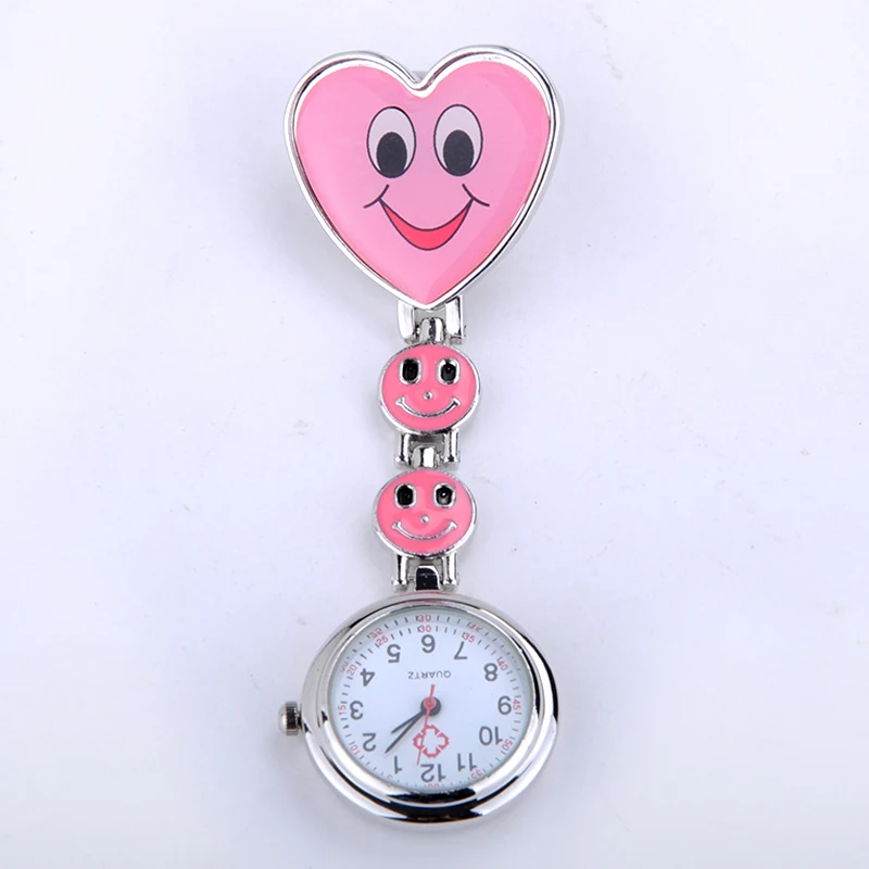 Кристалл женские милые часы улыбающиеся лица Сердце Клип на кулон медсестры Fob Брошь кварцевые карманные часы счастливый конфеты цвет - Цвет: pink