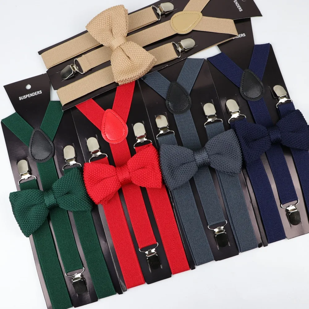 

Soild Color Man Belt Knitted Bow Tie Set Woman Men's Suspenders Butterfly Clip-on Y-Back Braces Elastic Women Adjustable