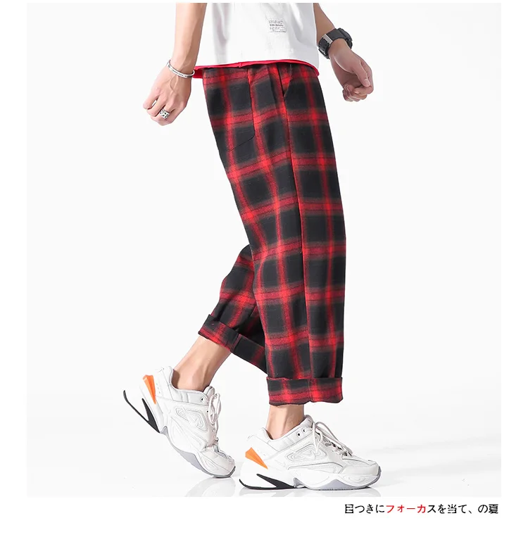 Штаны для бега, мужские клетчатые штаны, черные хлопковые удобные мужские летние повседневные уличные свободные брюки с карманами, японские трендовые