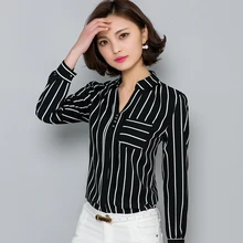 2016 Autumn Korean Striped Chiffon Blouse Fashion V-neck Womens Tops and Blouse Femme Casual Slim Ladies Office Shirts