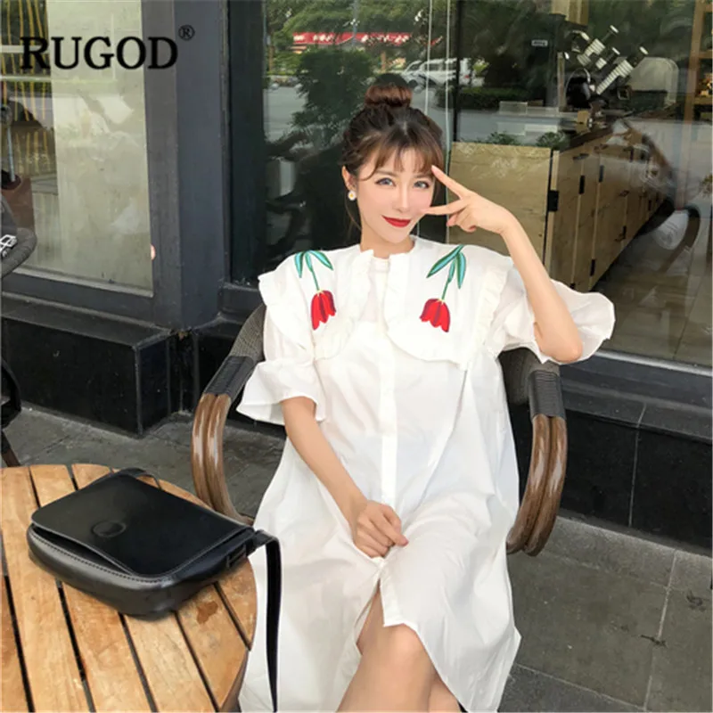 

RUGOD Chic Ruffles Flare sleeve women long shirts Korean peter pan collar loose tops Flower embroidery summer shirts female