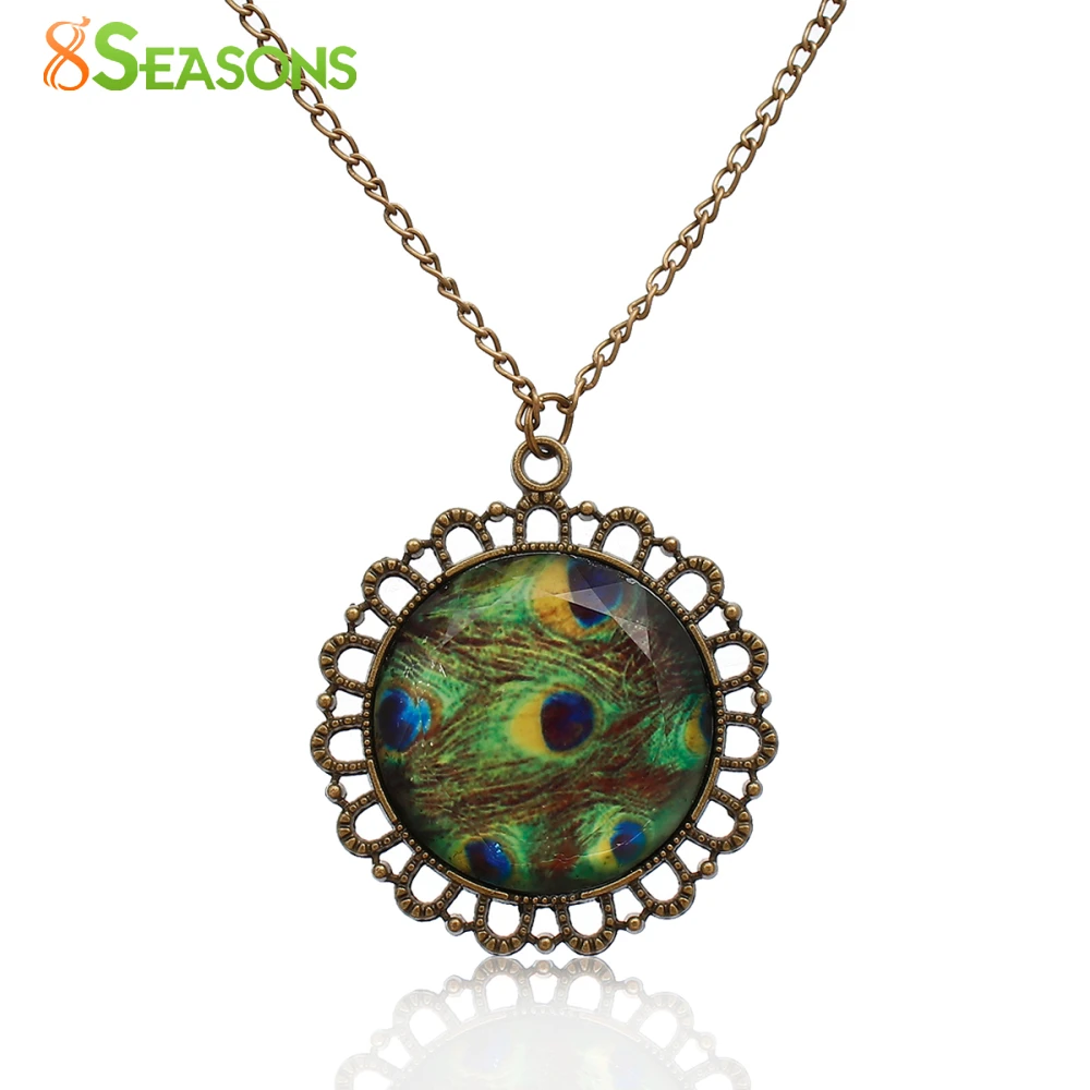 8SEASONS Necklace Antique Bronze Green Peacock Feather Round Vintage Bolo Fashion 70cm(27 4/8&quot) long 1 Piece | Украшения и