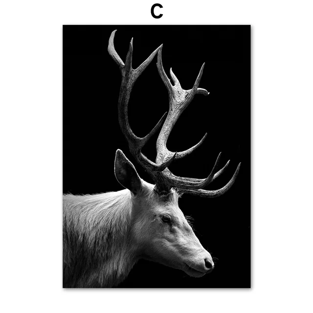 Black White Elk Deer Forest Landscape Wall Art Canvas Painting Nordic