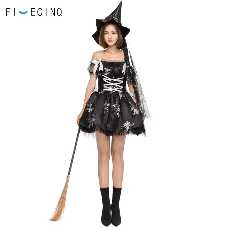 

Witch Cosplay Women Black Sexy Dresses Halloween Costume With Hats Girls Festival Fancy Adult Summer Party Tutu Skirt Outfit