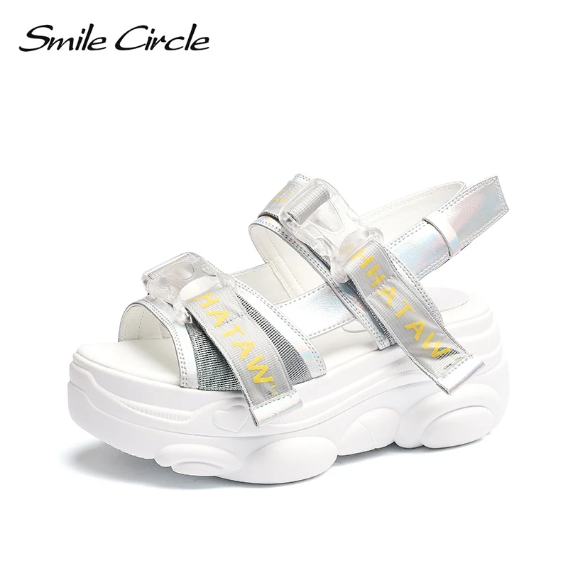 Smile Circle chunky sandals women fashion Ribbon Thick bottom Flat platform sandals women summer Shoes