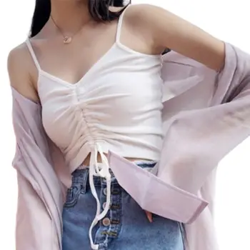 

Womens Summer Spaghetti Straps Sexy Crop Top Ruched Front Drawstring Camisole Ribbed Knitted V-Neck Slim Solid Color Basic Vest