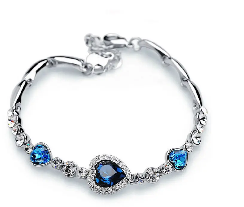 

New Cute Women Blue Crystal Rhinestone Heart Charm Bangle Fashion Bracelet Gift