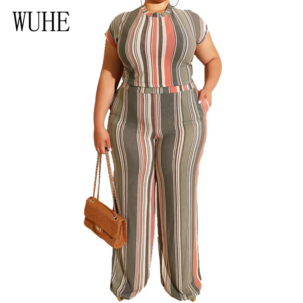 WUHE Two Pieces Sets Striped Playsuits Elegant O Neck Short Sleeve Top + Loose Pants Summer Women Casual Jumpsuits Plus Size 5XL WUHE Two Pieces Sets Striped Playsuits Elegant O Neck Short Sleeve Top + Loose Pants Summer Women Casual Jumpsuits Plus Size 5XL