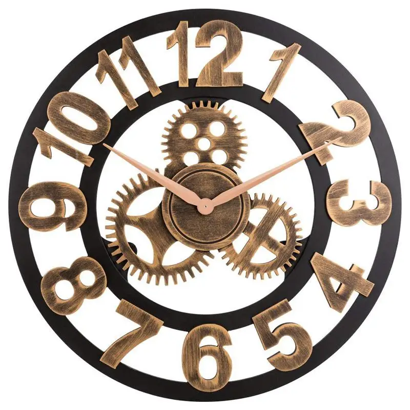 

Clock 3D Retro Rustic Vintage Wooden 23-Inch Noiseless Gear Wall Clock Number ancient gold