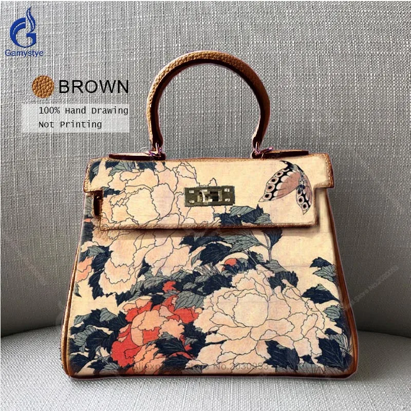 

Luxury Handbags Women Bags Designer Women 100% Genuine Leather Handbags Vintage Design Totes Hand Painted Flower Top Handle Bags