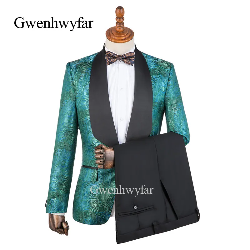 

Gwenhwyfar Design Green Blue Red Peacock Tail Pattern Jacquard Tuxedo Men's Party Prom Dress Suits Black Pants Men Wedding Suits