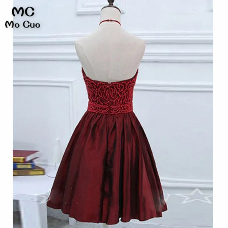 Satin Halter Short Burgundy Homecoming Dress with Beadings, Knee Length Formal Dress