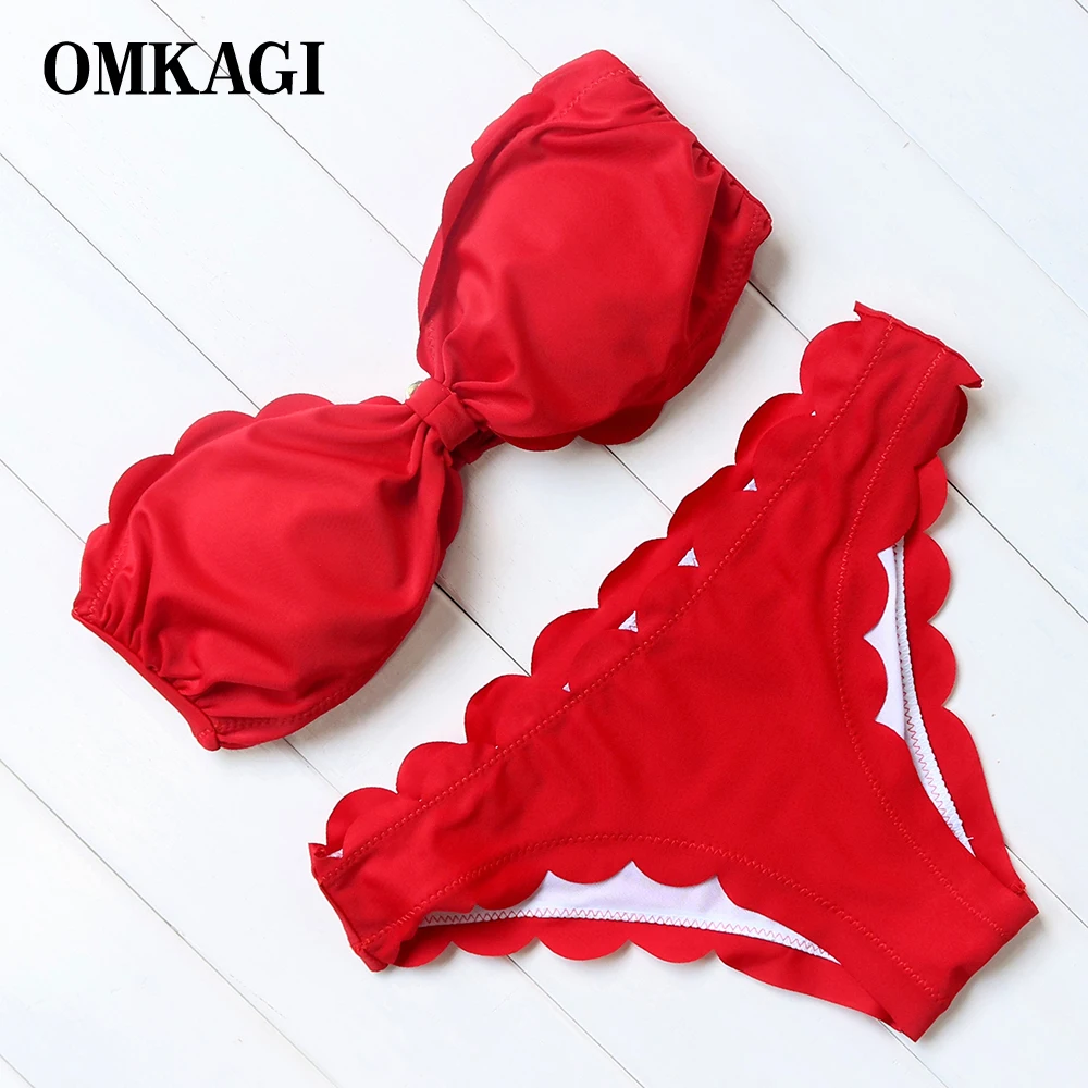 

OMKAGI Brand Red&Black Women Strapless Bowknot Wavy Edge Bikini Set Swimwear Women Bikinis Women 2018 Swimsuits Bathing Suit