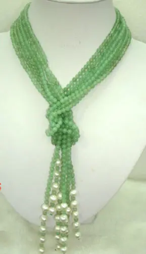 

huij 001501 lariat necklace 3 strands green aventurine 4mm round beads white pearl 60