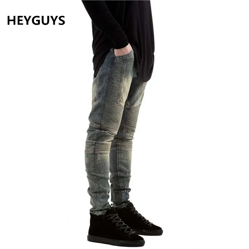 2016 Hi Street Mens Biker Jeans Motorcycle Slim Fit Washed Black Grey