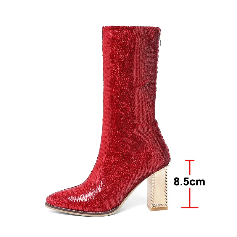 Meotina Winter Mid Calf Boots Women Slim Stretch Zipper Square Heel Boots Luxury Glitter Super High Heel Shoes Lady Fall Red 39
