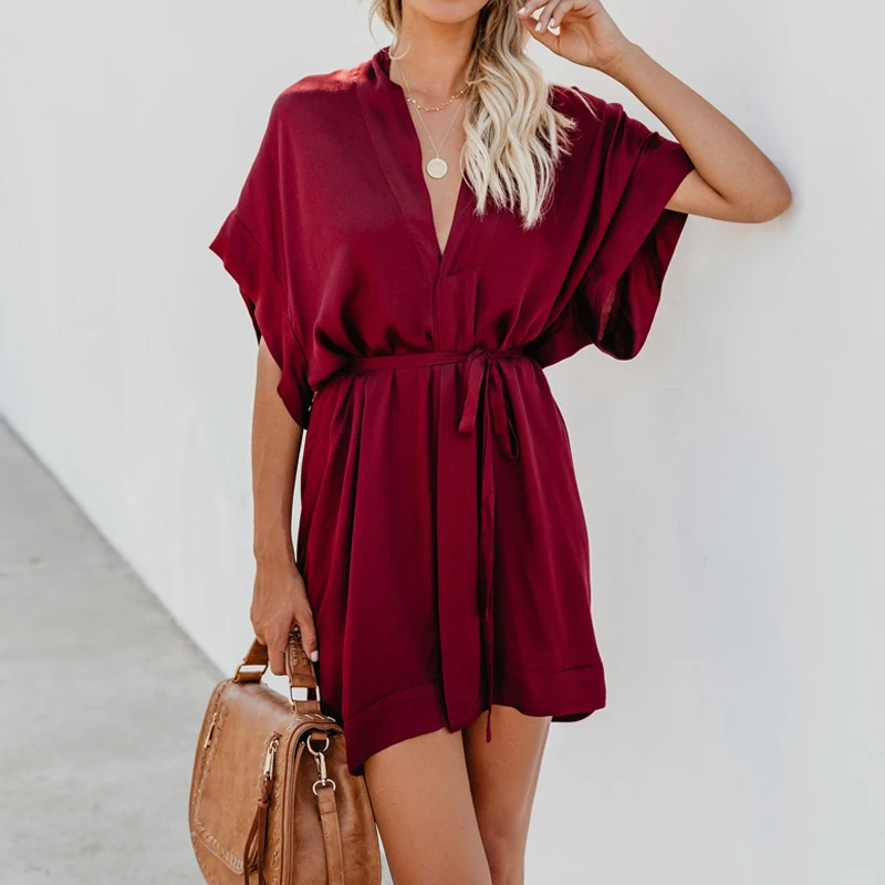 

Summer Fashion Sexy dress Women deep V-neck Short Sleeve Dress Casual Lace Up Casual Party Dress