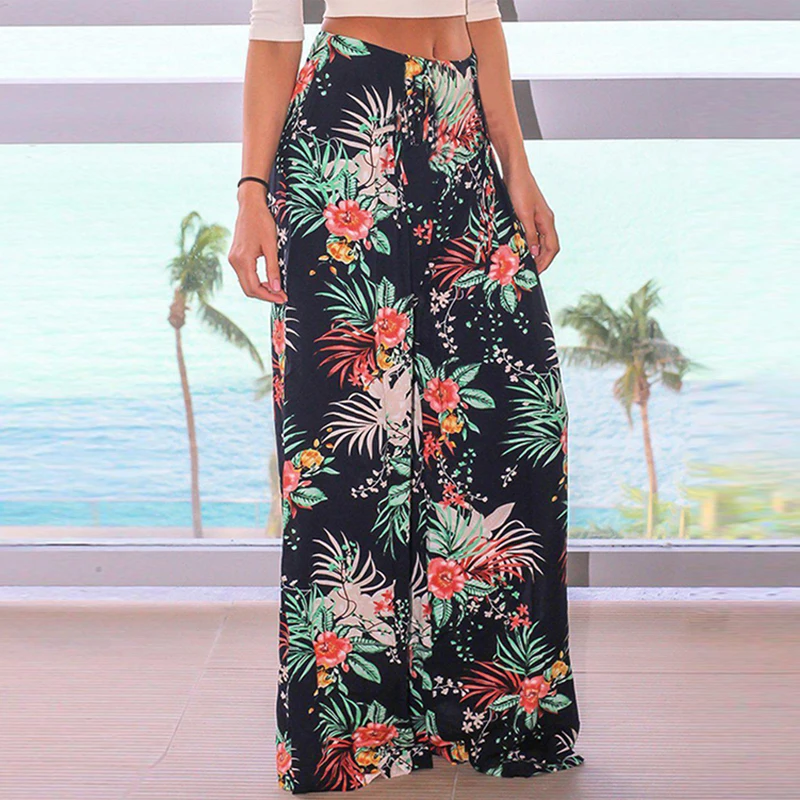 

Laughido Fashion Loose Floral Print Black Pants Women Lace Up High Waist Wide Leg Pants Casual Beach Boho Pocket Full Trousers