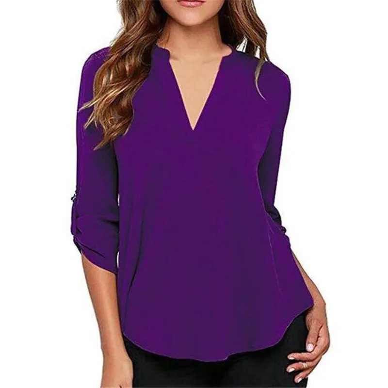 200 шт размера плюс S-5XL,, женские свободные шифоновые блузки, Осенние, v-образный вырез, половина рукава, Повседневная рубашка для женщин, чистый цвет, ультра-тонкие Топы - Цвет: Фиолетовый