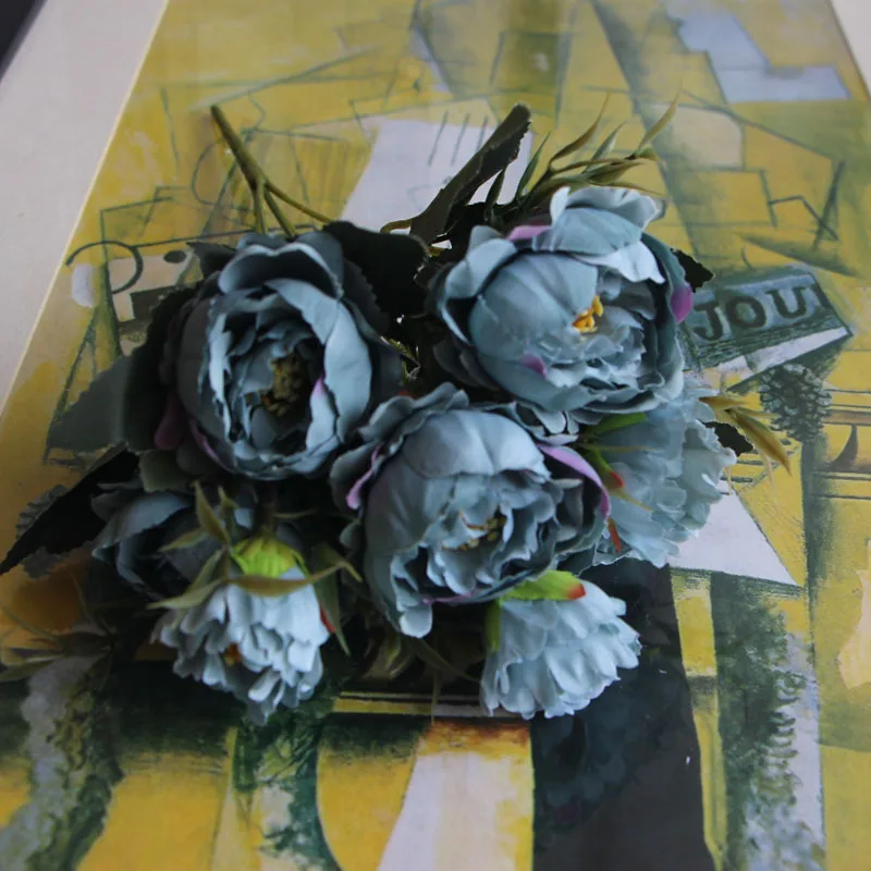 5 головок Искусственные цветы Пион Букет шелковых цветок свадебный букет осенние яркие искусственные цветы для свадьбы домашние вечерние украшения 1 шт - Цвет: Синий