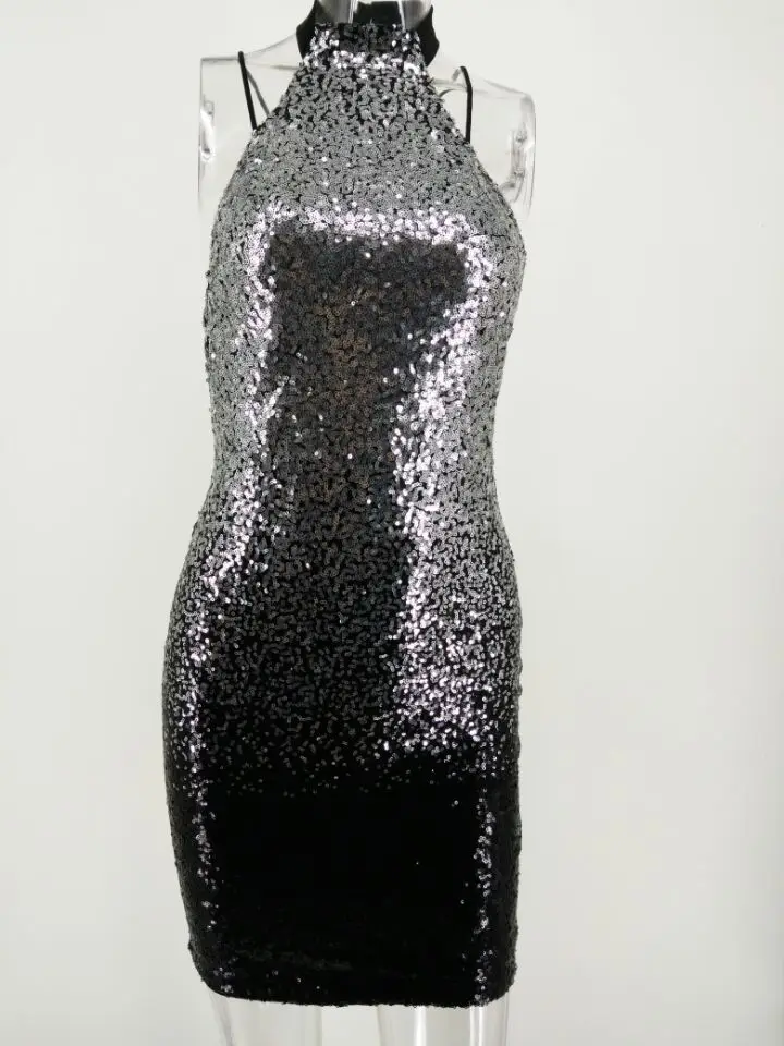Reaqka сексуальное платье без рукавов с лямкой на шее Разделение блесток платье с низким вырезом на спине из металла Рождество с открытыми плечами Платья для вечеринок Клубная одежда оптом