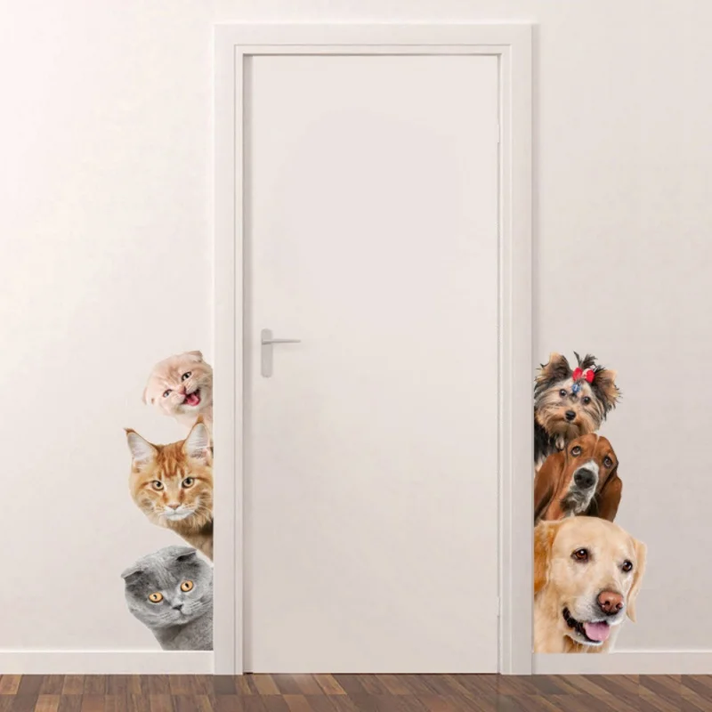 3D Наклейка на стену с изображением собак, кошек, забавных дверей, окон, шкафа, холодильника, украшения для детской комнаты, Мультяшные животные, художественная виниловая наклейка, домашний декор
