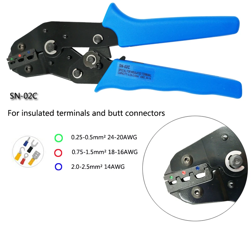 

CNLX SN-02C crimping pliers for insulated terminals and butt connectors 0.25-2.5mm2 24-14AWG ratchet terminal mini crimping tool