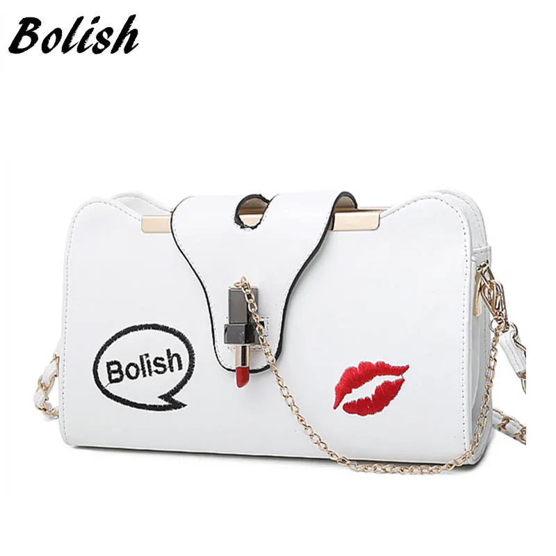 

Bolish Brand New Korean Embroidery Lock Small Lipstick Simple Shoulder Bag Chain Strap Messenger Bag Fashion Women Bag