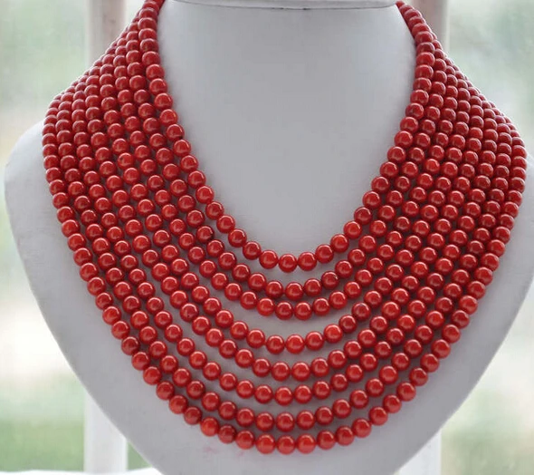 

ddh002446 8strands Real 6MM round red coral bead necklace 16"-22"inch