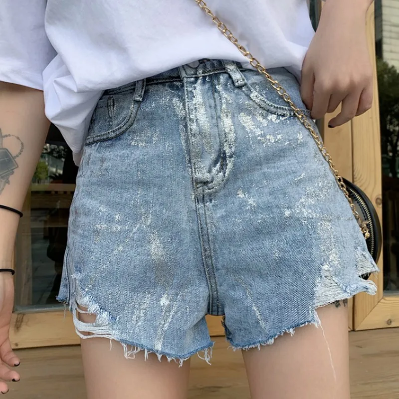 

Korean Style Summer Gold Powder Hole Fashionable Women Denim Shorts Casual High Waist Loose Streetwear Ladies Short Pants