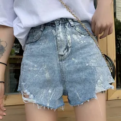 Korean Style Summer Gold Powder Hole Fashionable Women Denim Shorts Casual High Waist Loose Streetwear Ladies Short Pants Korean Style Summer Gold Powder Hole Fashionable Women Denim Shorts Casual High Waist Loose Streetwear Ladies Short Pants