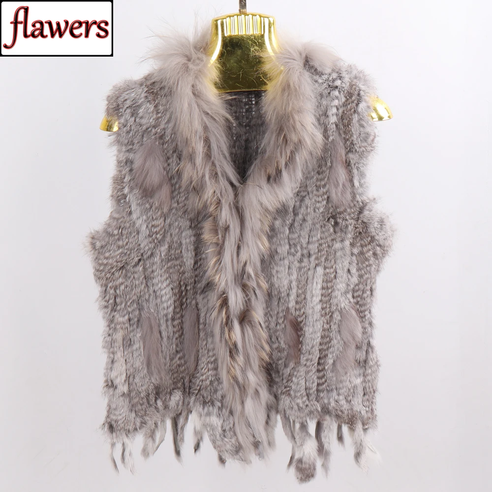 

2019 New Spring Autumn Women Real Rabbit Fur Vests 100% Real Rabbit Fur Knitted Gilet With Tassels Real Raccoon Fur Collar coat