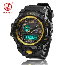 OHSEN модные цифровые кварцевые мужские наручные часы с силиконовым ремешком, будильник, дата, ЖК-дисплей, золотые модные спортивные мужские часы на открытом воздухе