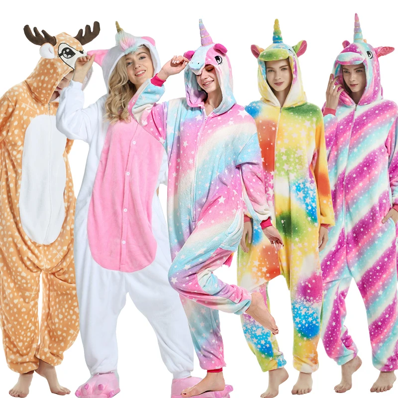 Pijama de Unicornio Kigurumi para mujer, mono de franela con capucha de animales, ropa de dormir de invierno,