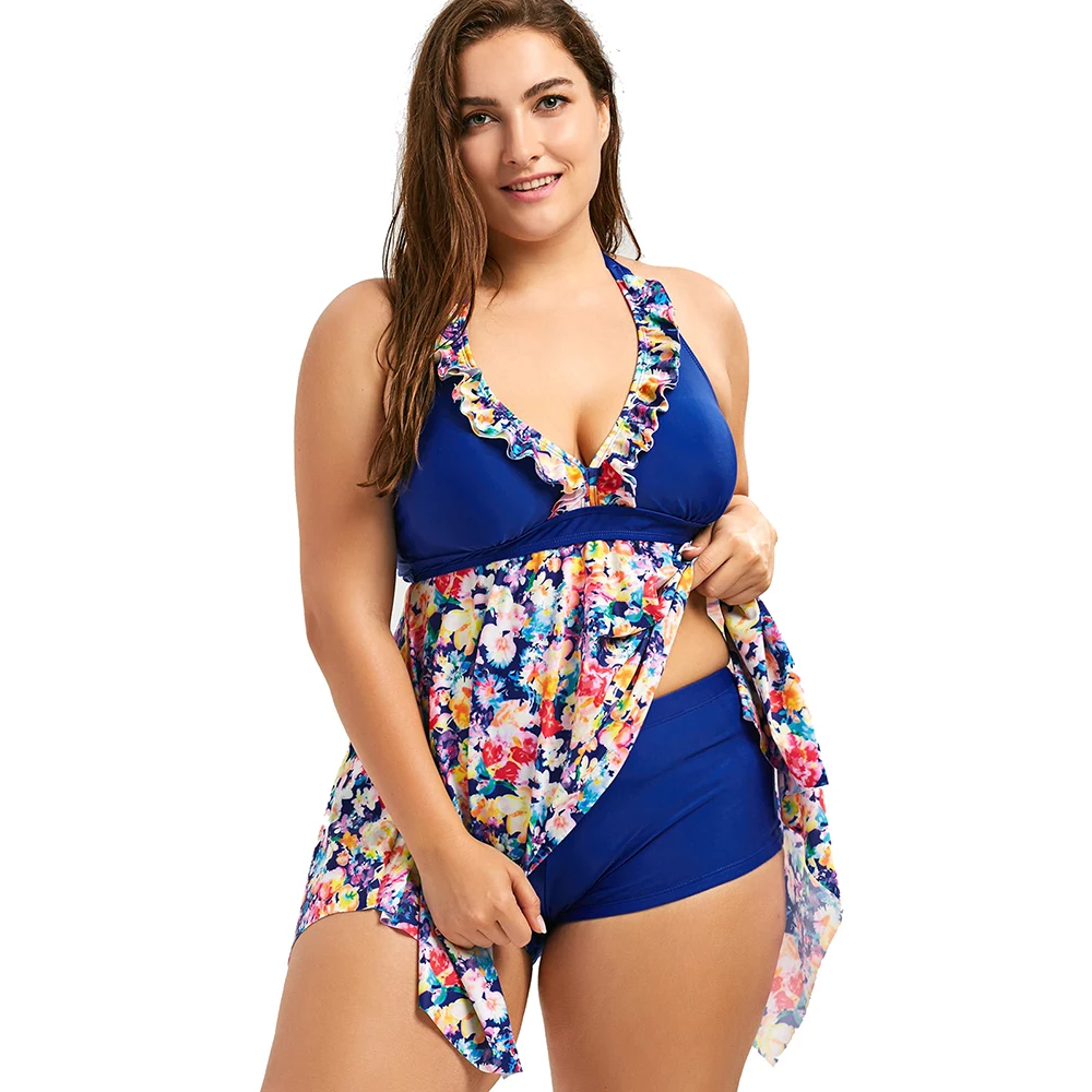 

Plus Size Women Two Pieces Swimsuits Floral Print Sexy Halter Swimwear Tankini with Short Swim Dress Padded Push Up Bathing Suit