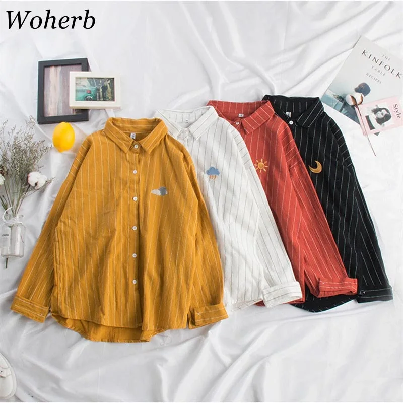 

Woherb 2019 Women Kawaii Striped Blouse Moon Embroidery Korean Ladies Tops Blusas Casual Batwing Sleeve Linen Shirt 20824