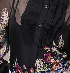 Европейский стиль, шифоновая блузка с цветочным принтом, новинка, плиссированная блузка со стоячим воротником, Прозрачная женская рубашка с длинным рукавом-фонариком, WYG - Цвет: Black