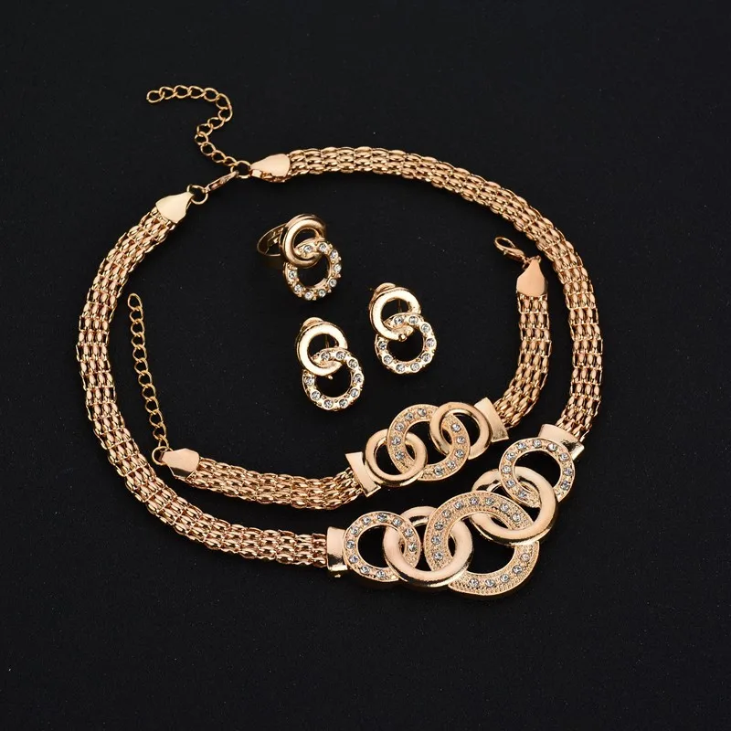 

ZHIMO 4pcs/set Luxury Dubai Jewelry Set Gold ]Circle Earrings Necklace Bracelet Ring for Women Wedding Crystal Jewelry Sets