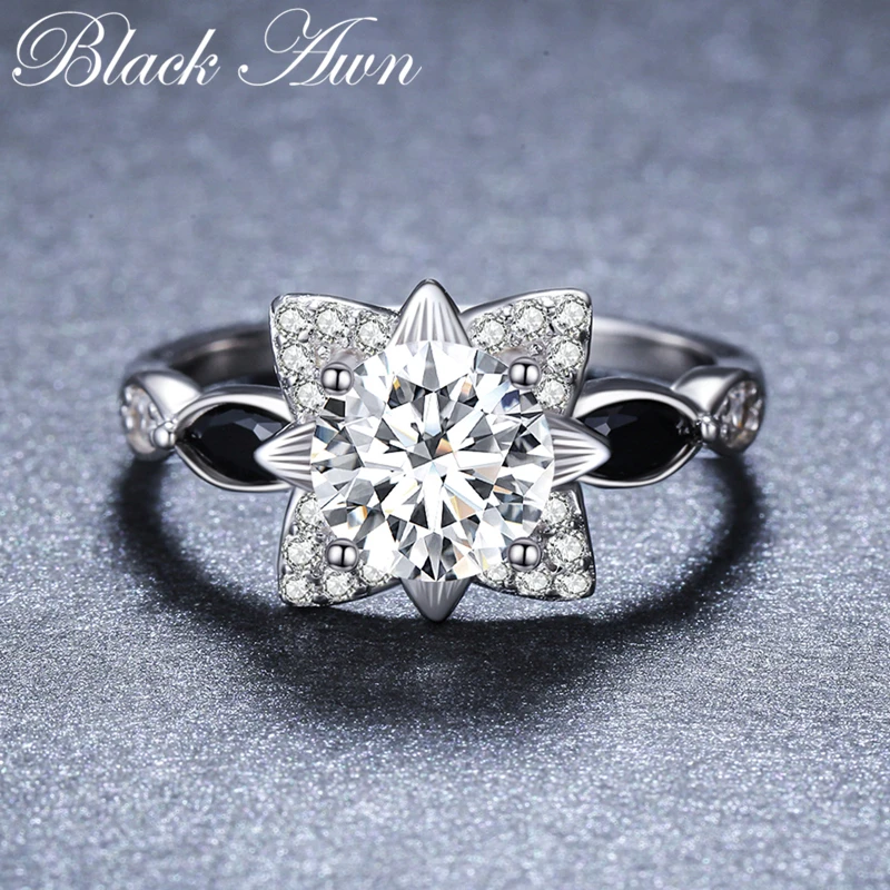 [BLACK AWN] 925 Sterling Silver Jewelry Wedding Rings for Women Female Star Bijoux Life Leaf Silver 925 Jewelry G086