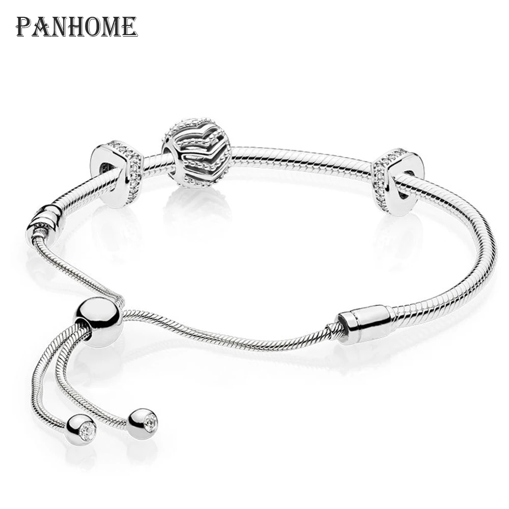 

PANHOME 100% 925 Sterling Silver 2019 New Shimmering Stylish Wish Charm Beaded Gift MOMENTS SLIDING BRACELET Set Adjustable Size