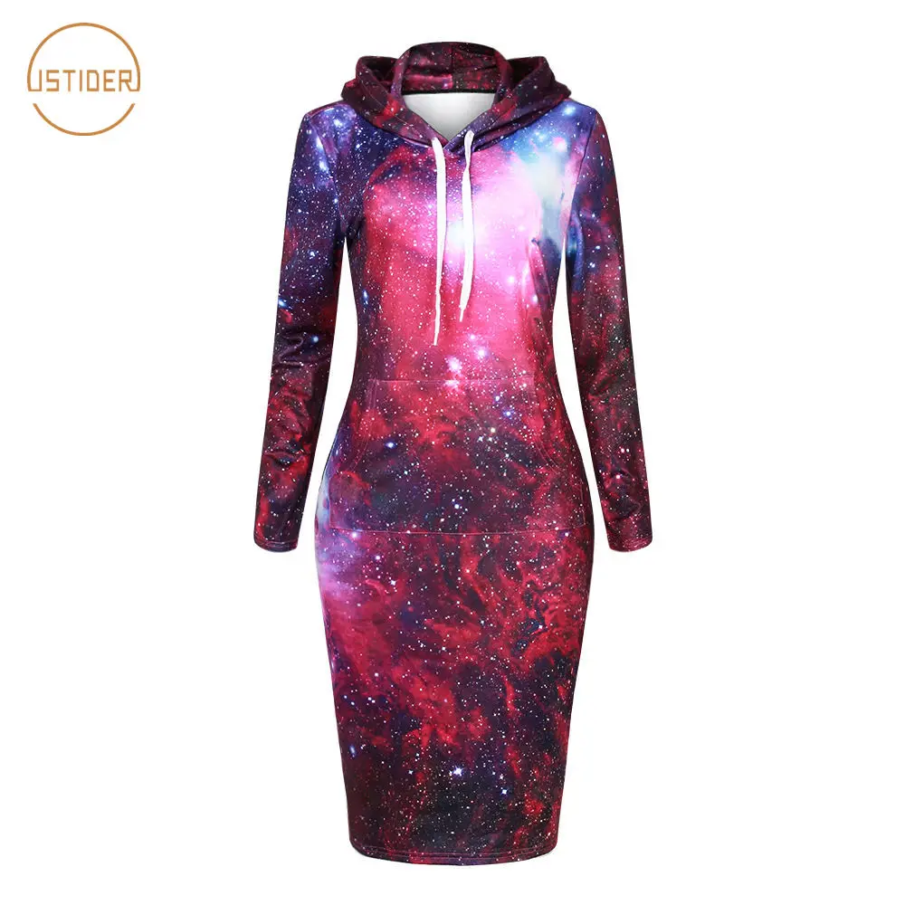ISTider осень зима толстовка с капюшоном платья для женщин 3D космический Галактический Принт толстовки с карманом шнурок Bodycon Длинные толстовки - Цвет: BZX003