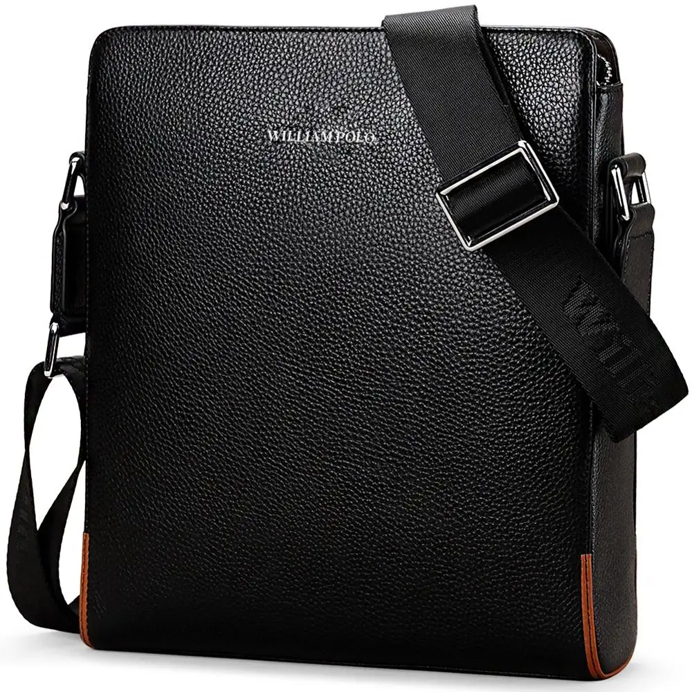 

WILLIAMPOLO Men Shoulder Crossbody Bag Genuine Leather Briefcase Sling Messenger Business Adjustable Strap Litchi Grain Black